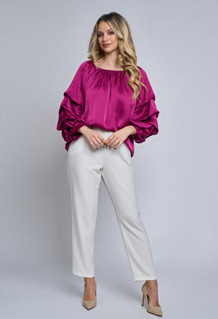 Bluza din satin Azalea violet cu volane la maneci